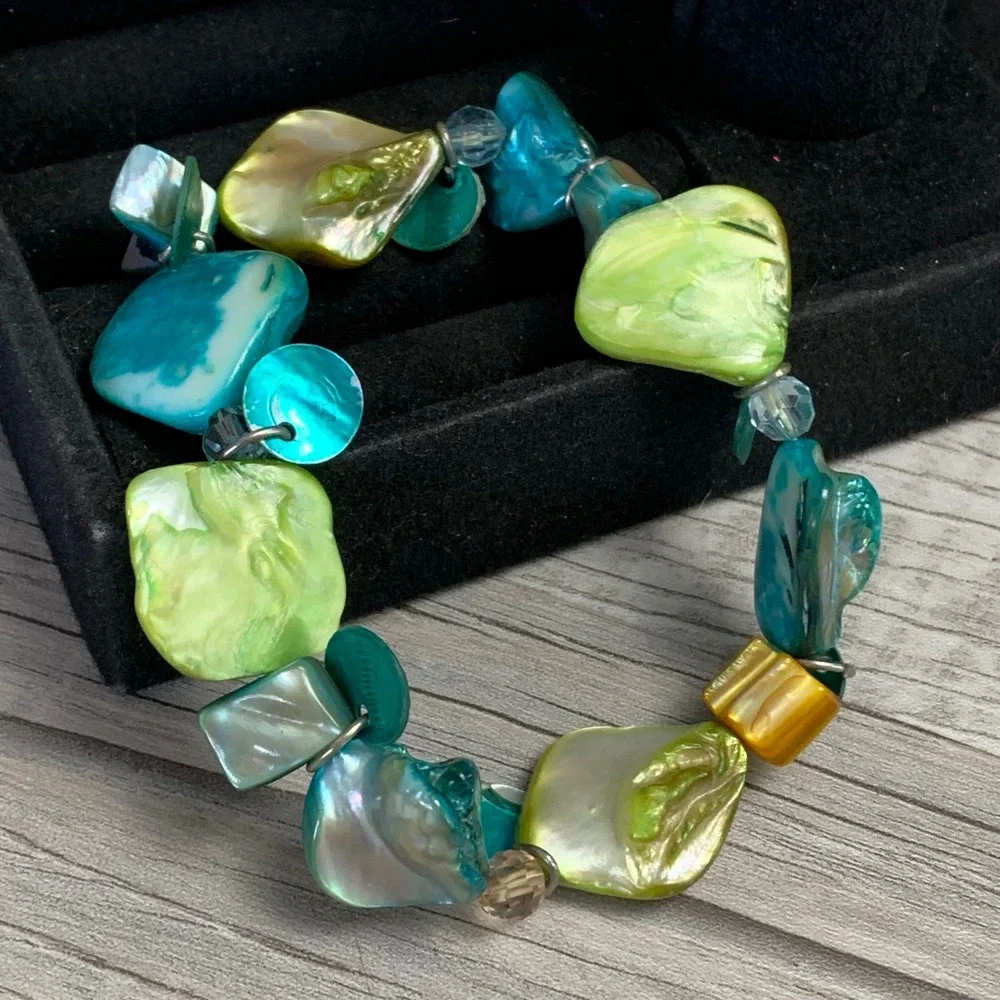 Teal Lime Green Iridescent Shell Shard Stretch Bracelet Coastal Artisan 4614